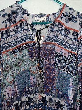 Boho Colorful Floral Patchwork Peasant Lightweight Blouse NWT
